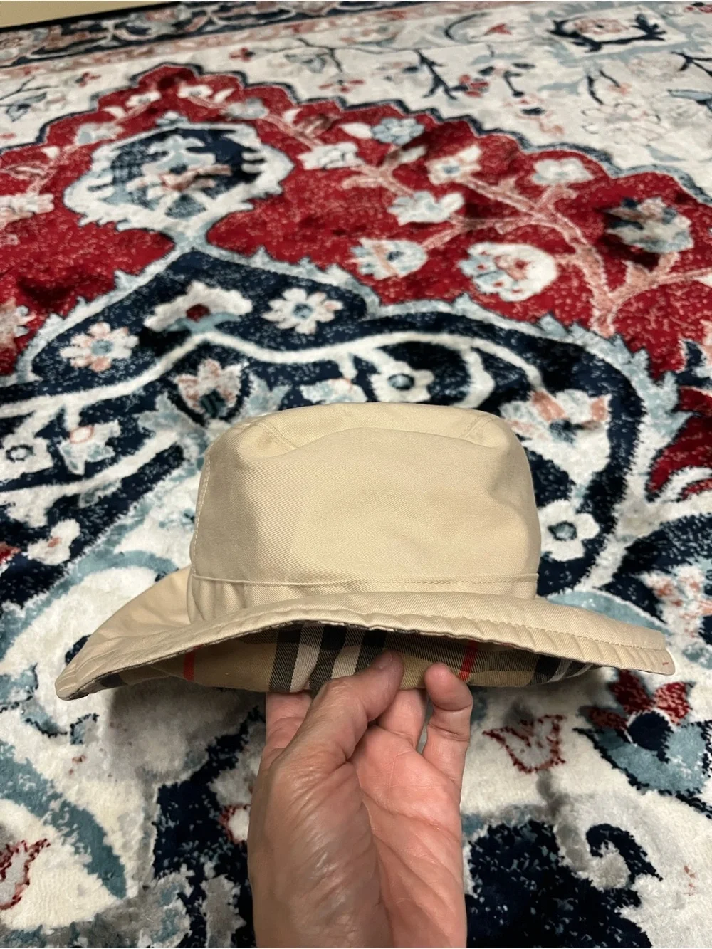 Beige Nova Check Plaid-Lined Bucket Hat